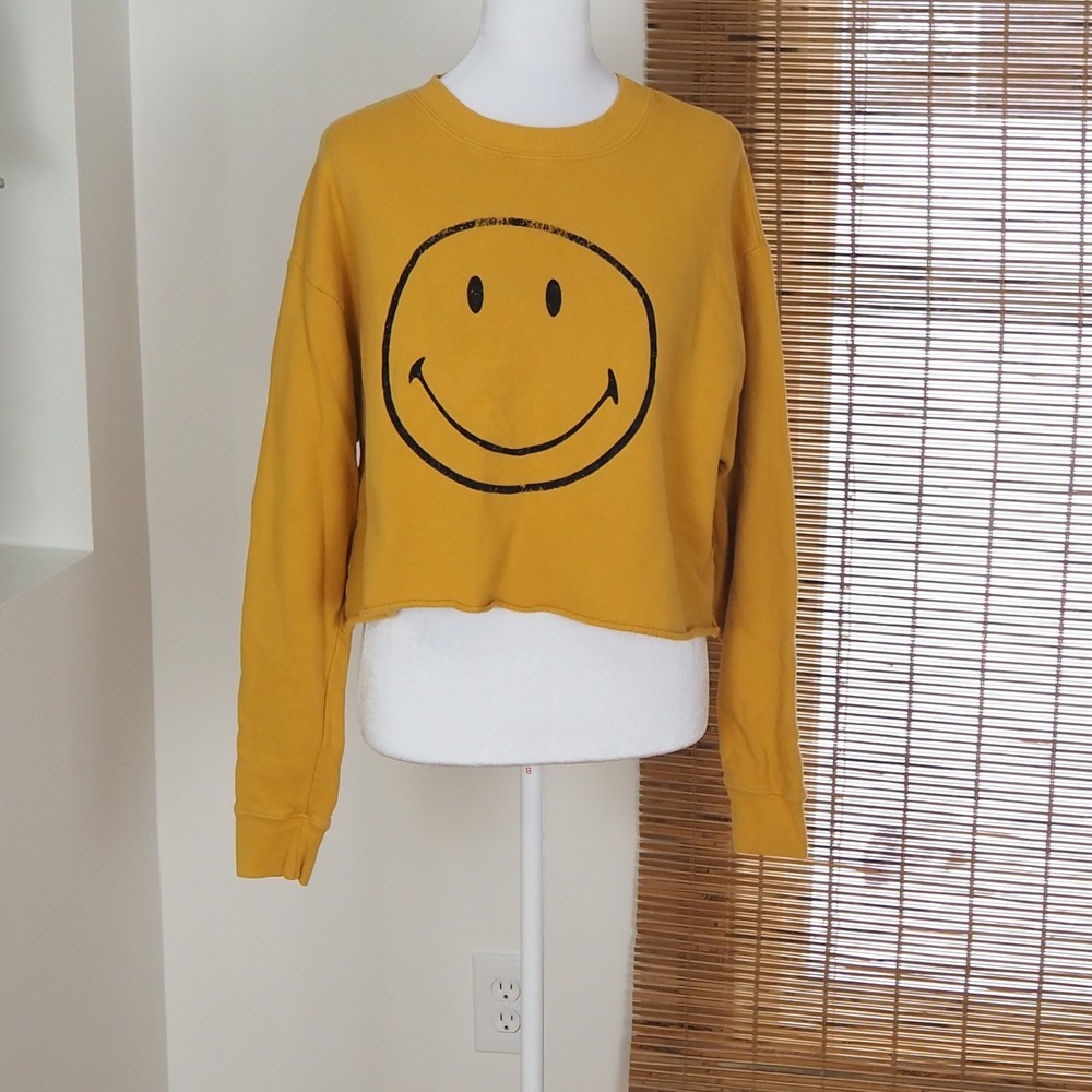 Daydreamer X Free People Cropped Smiley Yellow Sweatshirt Sz Small Boho Indie‎
